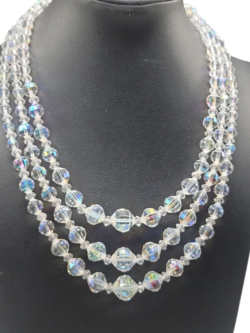 Multistrand Aurora Borealis Choker Necklace Glass Graduated 16" Beaded Chain - Picture 2 of 13